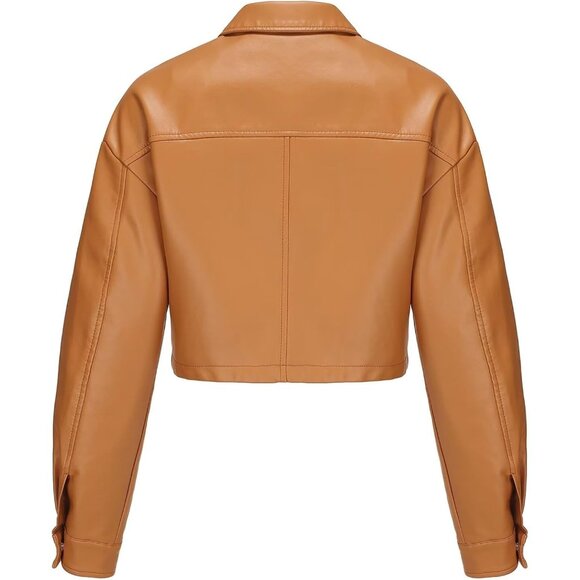 Women Brown Cropped Moto Biker Short Comfortable Pu Faux Leather Fashion Jacket - Picture 2 of 7